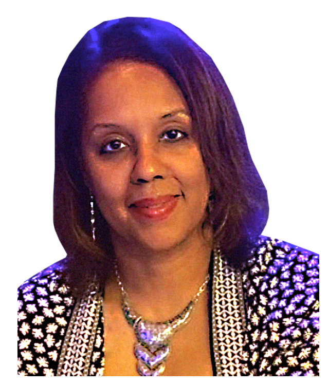 A woman in a black and white jacket and necklace